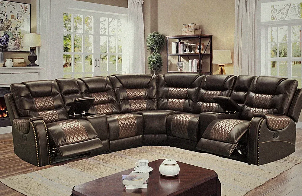 LUXURY 115" Two-Tone Brown Leather 2-Recliner Sectional Rustic & Traditional Set