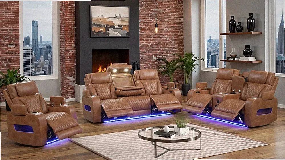 NEW LED Power Recliner & Adj Headrest 3PC Modern Sofa Set Brown Tan BT Speaker